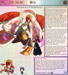 1boy 1girls bigger_female bird_feet character_sheet creature_index english_text female generation_2_pokemon hi_res ho-oh human kinkymation legendary_pokemon male nintendo pokemon pokemon_(species) pokemusu profile purple_hair size_difference smaller_male text_box winged_arms wings