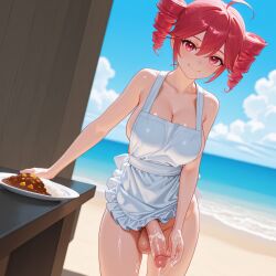 after_ejaculation ahoge ai_generated ai_slop apron beach blue_sky blurry_background blush breasts cleavage closed_mouth cloud cowboy_shot cum cum_on_body cum_on_hands cum_on_penis cum_string curry curry_rice day drill_hair dutch_angle erection food frilled_apron frills futanari hair_between_eyes kasane_teto large_breasts large_penis large_testicles looking_at_viewer naked_apron ocean outdoors penis plate red_eyes red_hair rice short_hair sideboob sky smile solo spoon testicles twin_drills twoderrick uncensored utau veins veiny_penis water white_apron