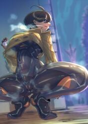 1girls 2020s 2025 alternate_version_at_source alternate_version_available below_view bodysuit breasts breath breathing brown_eyebrows brown_hair camel_toe cameltoe coat emma_(pokemon) emma_(pokemon_legends:_z-a) eyebrows eyebrows_visible_through_hair female female_only game_freak holding_object holding_poke_ball holding_pokeball human human_only jacket latex matiere_(pokemon) matiere_(pokemon_legends:_z-a) mist muscular navel_line nintendo open_eyes open_mouth page_1 png poke_ball pokeball pokemon pokemon_legends pokemon_legends:_z-a purple_eyes rubber rubber_clothing rubber_suit shiny_clothes short_jacket solo squatting squatting_position tight_clothing view_from_below viewed_from_below wrinkles_in_clothes yatude96 yellow_coat yellow_jacket_(clothing)