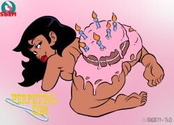 1girls 2025 ass barefeet barefoot birthday birthday_cake birthday_candle birthday_suit black_hair breasts bubble_ass bubble_butt cake cake_on_ass chemel_montoya dark-skinned_female dark_skin feet female female_focus female_only frosting frosting_on_ass frosting_on_butt hairless_pussy hispanic hispanic_female latina latina_female long_hair looking_at_viewer looking_back looking_back_at_viewer naked naked_female nipples nude nude_female on_all_fours perpetual_son pink_background pussy red_lipstick slim_dacommissioner societyoftd solo solo_female solo_focus