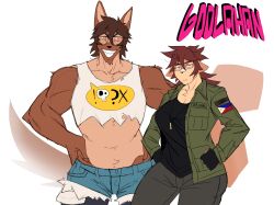1boy 1girls 2021 5_fingers alternate_version_available animal_ears animal_humanoid annoyed anthro anthro_female anthro_male anthro_only artist_name bandage bandage_on_nose big_breasts black_fingerless_gloves black_gloves black_leggings black_legwear black_nose black_shirt black_topwear blue_bottomwear blue_shorts bottomwear breasts brown_body brown_ears brown_fur brown_hair brown_tail buttons canid canid_humanoid canine canine_humanoid canis cleavage closed_eyes clothed clothed_female clothed_male clothing crop_top dog_boy dog_ears dog_humanoid dog_tail duo english_text eyebrows eyewear female fingerless_gloves frown frowning_at_viewer fur fur_tuft furry furry_female furry_male german_shepherd glasses gloves goolahan grawlixes green_jacket green_topwear gregorio_goya grey_bottomwear grey_pants half-closed_eyes hands_on_hips hands_on_own_hips herding_dog hi_res holes_in_clothes jacket jean_shorts leggings legwear long_brown_hair long_ears long_hair long_tail looking_annoyed looking_at_viewer male mammal mammal_humanoid midriff military_jacket mostly_clothed mostly_clothed_male muscular muscular_male navel necklace ngoolahan no_penetration noelle_yamaguchi original original_character outfit_swap pants pastoral_dog philippine_flag pointy_ears rectangular_glasses rodent rodent_humanoid rodent_tail scar sciurid sciurid_humanoid sharp_teeth shirt short_brown_hair short_hair short_shorts shorts simple_background smile smooth_fur snout square_glasses squirrel squirrel_ears squirrel_girl squirrel_humanoid squirrel_tail swapped_clothes teeth text topwear torn_clothes white_background white_crop_top white_topwear yellow_eyes