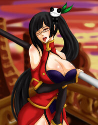 bare_shoulders black_hair blazblue body_blush breasts china_dress chinadress cleavage curvy glasses hair_ornament huge_breasts japanese_clothes large_breasts litchi_faye_ling long_hair masturbation naughty_face one_closed_eyes panda staff tongue weapon wink