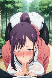 :>= ai_generated bent_over big_breasts big_butt blowjob blowjob_face deepthroat female half-closed_eye hanging_breasts highres huge_breasts koinaart pantyhose patreon perky_breasts ponytail pov public public_exposure purple_hair shorts solo_leveling sportswear stable_diffusion standing sung_jin-ah thick_thighs tongue tongue_out