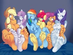 2017 accessory aged_up anthro anthrofied apple_bloom_(mlp) applejack_(mlp) areola blonde_hair bow bow_accessory bow_ribbon breast_size_difference breast_squish breasts breasts_frottage bronypanda centered_hair_bow earth_pony equid equine feet female female/female foot_fetish foot_focus friendship_is_magic group hair_accessory hair_ribbon hairbow hasbro hi_res horn horse humanoid_feet long_hair mammal multicolored_hair my_little_pony mythological_creature mythological_equine mythology nipples nude one_eye_closed plantigrade pony purple_hair rainbow_dash_(mlp) rainbow_hair rarity_(mlp) red_hair ribbons scootaloo_(mlp) sibling sister sisters soles squish sweetie_belle_(mlp) two_tone_hair unicorn
