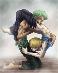 2boys 69 blonde_hair contortion fellatio flexible gay green_hair human inverted_69 male male_only multiple_males muscles one_piece oral partially_clothed penis roronoa_zoro skinny straight_hair vinsmoke_sanji yaoi