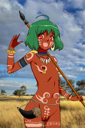 bodypaint dark-skinned_female dark_nipples dark_skin female female_only flat_chest green_hair macross macross_frontier nipple_piercing nipple_rings nipples nude photoshop pussy pussy_juice ranka_lee red_eyes smile solo tribal uncensored weapon