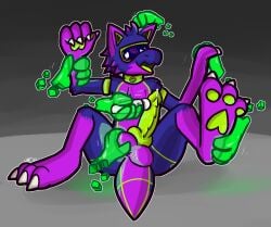 anthro arm_grab balls blue_body blush blush_lines bodily_fluids claws collar disembodied_hand gay gay_anal gay_male gay_sex genital_fluids genitals ghost_hand glowing grabbed green_collar green_pawpads green_tongue grey_background hand_holding head_grab hitachi_magic_wand holding_balls holding_feet homosexual homosexual_male kobold lautus-k machine male male/male male_penetrated multicolored_body nervous nervous_smile pawpads penis precum purple_body quartz_xtal questionable_consent robot scalie screen screen_face sex_toy simple_background sitting sitting_on_ground solo solo_focus solo_male tagme tongue ultilix vibrating vibrator wand_vibrator white_claws white_eyes