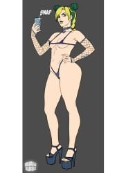 1girls areola_slip areolae bikini female green_lipstick hand_on_hip jojo's_bizarre_adventure jolyne_kujo micro_bikini platform_heels selfie skimpy smartphone solo stone_ocean whargleblargle