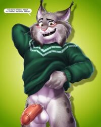anthro balls black_ear_tips black_lips blush blushing bodily_fluids bottomless cat_ears cheek_tuft clothed clothing clothing_lift dipstick_ears disney dream_and_nightmare ear_markings english_text facial_tuft felid felidae feline feline_humanoid flustered fur genital_fluids genitals green_background green_clothing green_sweater green_theme green_topwear grey_body grey_fur hand_behind_head hi_res humanoid_genitalia humanoid_penis lips looking_at_viewer lynx lynx_ears maine_coon male male_only mammal mane multicolored_ears mutton_chops pawbert_lynxley penis pink_nose precum scratching_head shirt shirt_lift simple_background smile solo speech_bubble spotted_fur standing sweater teeth topwear tuft vein veiny_penis whiskers white_body white_fur yellow_eyes zootopia