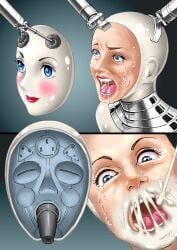 1girls blue_eyes crying crying_with_eyes_open dollification female femsub gag hkr06 latex machine machine_bondage mask open_mouth png rubber tears transformation