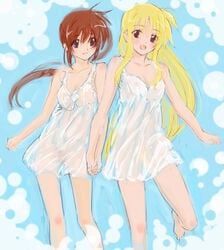 barefoot blonde_hair brown_eyes brown_hair fate_testarossa female hand_holding happy holding_hands long_hair lyrical_nanoha mahou_shoujo_lyrical_nanoha mahou_shoujo_lyrical_nanoha_strikers multiple_girls nightgown see-through sketch smile takamachi_nanoha tokoharu very_long_hair yuri