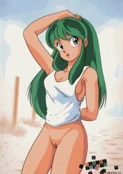 1girls 80s artist_request blue_eyes breasts edit female green_hair horns humanoid large_breasts light-skinned_female light_skin long_hair looking_at_viewer lum no_panties nude_filter official_art oni photoshop pointy_ears princess pussy shirt solo tagme urusei_yatsura