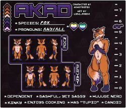 akad_(akadthefox) anthro bow_tie canid canine chastity_cage chastity_device colored_nails digital_media_(artwork) embarrassed eyeshadow fox fur genitals hi_res lgbt_pride long_rhode makeup male mammal markings model_sheet nails nonbinary_(lore) nonbinary_pride_colors orange_body orange_fur penis pink_eyeshadow pixel_(artwork) pixelated pride_colors purple_eyes shy small_penis solo sprite sprite_art sprite_sheet standing striped_body striped_fur striped_markings stripes vincian_pride_colors