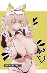 alternate_breast_size_(larger) animal_ears areola_slip arknights bikini black_bikini black_shrug border breasts cat_ears cat_girl commentary double_v english_commentary female green_background green_eyes grey_hair highres huge_breasts kal'tsit_(arknights) looking_at_viewer maid maid_bikini maid_headdress midriff navel nuggetkouhai short_hair shrug_(clothing) solo swimsuit unconventional_maid v white_border