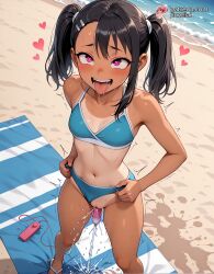 ai_generated beach bikini bikini_bottoms bikini_top black_hair blue_bikini blush cleavage dildo ejaculation fangs female grin hand_on_own_chest hayase_nagatoro heart-shaped_pupils large_breasts long_hair lowres luneiai outdoors pink_eyes please_don't_bully_me,_nagatoro pussy pussy_juice sand sex_toy sidelocks solo spread_legs squatting squirting sweat tongue_out towel twintails vibrator watermarked