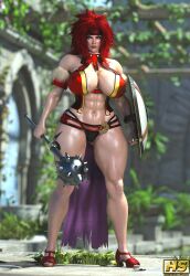1girls 3d areolae big_breasts breasts female female_only hagiwara_studio hammer high_resolution highres muscles muscular muscular_female nipples nude nude_female pussy queen's_blade red_hair risty shield tagme tattoo thick thick_thighs