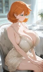 ai_generated bangs bare_arms bare_shoulders blush breasts camisole clavicle cleavage curvaceous green_eyes hair_between_eyes huge_breasts kasumi_(pokemon) large_breasts lingerie medium_hair misty_(pokemon_hgss) nightgown orange_hair pokemon short_hair sleepwear spaghetti_strap strap_gap thighs underwear underwear_only