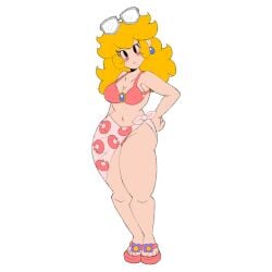 bare_shoulders bikini blonde_hair blush breasts cleavage earrings female female_only flip_flops footwear glasses glasses_on_head hand_on_hip long_hair looking_at_viewer mario_(series) mob_face navel open_toe_shoes princess_peach sandals sarong sideboob smile tagme tagme_(artist) thick_thighs voluptuous white_background wide_hips