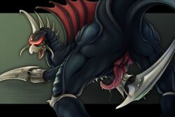 absurd_res alien all_fours animal_genitalia anthro anus ass beak blade_arm bodily_fluids cloaca cloaca_juice cloacal_penis cybernetics cyborg genital_fluids genitals gigan godzilla_(series) hi_res internal_testicles kaiju looking_at_viewer looking_back machine male male_only penis prehensile_penis presenting presenting_cloaca presenting_hindquarters presenting_penis shon2 solo teeth toho toothed_beak