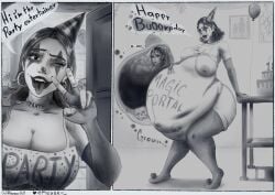2girls armwear artist_name balloon big_ass big_breasts birthday black_hair bone bones_in_stomach breasts clothing clown clown_girl death detailed_background dialogue digested digestion digestion_noises earrings female female_prey flezzer greyscale hyper hyper_belly instant_loss_2koma internal_view milf mother_and_daughter naked oral_vore peace_sign ruined_makeup short_hair skull snuff standing thighhighs unwilling_prey vore vore_belly wide_hips writing_on_body