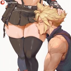 1boy 1girls ai_generated blonde-haired_male blonde_hair blush cloud_strife dominant dominant_female female femdom final_fantasy final_fantasy_vii licking licking_thigh lucakp male patreon patreon_link patreon_logo patreon_reward patreon_url patreon_username simple_background skirt tagme thick_thighs thigh_highs thighhighs thighs tifa_lockhart tongue tongue_out white_background worship worshiping