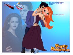 1boy 1girls background barbara_gordon batgirl beautiful bella_swan bite breasts couple dc dc_comics dc_super_hero_boys dc_super_hero_girls dick_grayson djpaint96-ii djpaint96_ii edward_cullen fang_necklace female halloween male nightwing the_twilight_saga vampire