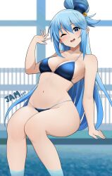 1girls ;d alternate_costume aqua_(konosuba) arm_support artist_name bare_legs bikini blue_bikini blue_eyes blue_hair breasts collarbone commentary_request female hair_rings halterneck highres jampen kono_subarashii_sekai_ni_shukufuku_wo! long_hair looking_at_viewer medium_breasts navel one_eye_closed open_mouth pool poolside single_hair_ring sitting smile solo stomach string_bikini swimsuit very_long_hair