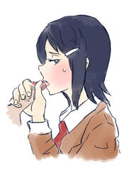 black_eyes black_hair blush clothed color erection eri_mizutani fellatio female human idolmaster open_mouth oral penis short_hair solo_focus straight tongue uncensored white_background