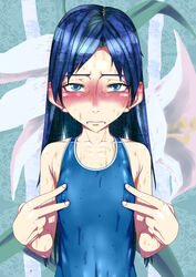 blue_eyes blue_hair blush breasts chihaya_kisaragi embarrassed erect_nipples female flat_chest idolmaster kisaragi_chihaya long_hair looking_at_viewer navel nipple_tweak nipples pija_(pianiishimo) solo standing sweat swimsuit wet