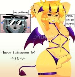 bondage_outfit chance_(forsaken) elliot_(forsaken) english_text fat_ass forsaken_(roblox) hard_cock horns male male_only painted_nails penis precum_on_penis pretty_boy roblox roblox_game robloxian self_upload sharp_teeth simple_background succubus_costume tagme teasing text thick_thighs watermark yaoi yinyann