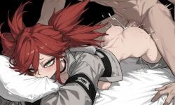 1girls ai ai-created ai_art ai_generated ass biting_pillow breasts choker clothed clothed_female_nude_male cropped_jacket cum cum_in_pussy cum_inside cum_on_ass cumdrip ejaculation female gachiakuta green_eyes hugging_pillow male motion_lines nipples prone_bone_position pussy red_hair riyou_reaper self_upload sex shittyaistuff small_breasts twintails uncensored