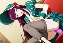1girls ai_generated ass bonnet castlevania castlevania:_portrait_of_ruin dildo dildo_insertion dildo_penetration dress female female_masturbation female_only green_dress hime_cut long_hair loretta_lecarde miniskirt pale_skin pale_skinned_female pantyhose pantyhose_down purple_hair red_lipstick sitting