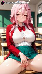 1girls 2025 ai_assisted ai_generated anime artist_name big_breasts blush breasts bust busty chair chalkboard classroom clock desk explicit female female_genitalia genitals guilty_crown hair_between_eyes hi_res high_quality high_resolution highres indoors jacket large_breasts legs_apart long_hair no_panties on_desk patreon patreon_username pink_hair pussy school_chair school_desk school_uniform sitting sitting_on_desk skirt skypassion smile solo spread_legs stable_diffusion uncensored_pussy uncensored_vagina watermark window yuzuriha_inori