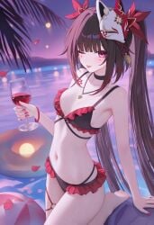 1girls absurd_res alcohol alternate_costume alternate_outfit ball beach_ball bikini bikini_bottom bikini_top black_bikini black_choker black_hair blush breasts brown_hair butterfly-shaped_pupils cc_lin choker collarbone cup drink drinking drinking_glass eyelashes eyes falling_petals female flower_tattoo fox_mask frilled_bikini frills hand_up hands hi_res high_resolution highres holding holding_cup holding_object honkai:_star_rail honkai_(series) hoyoverse leg_up legs long_hair looking_at_viewer mark_under_both_eyes mask mask_on_head nail_polish navel night ocean one_eye_closed petals red_bikini red_eyes red_nails sidelocks small_breasts soles solo sparkle_(honkai:_star_rail) stomach straight_hair swim_ring swimsuit symbol-shaped_pupils tattoo thighs toes tongue tongue_out twintails very_long_hair wine wine_glass