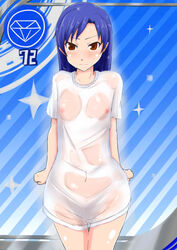 angry blue_background blue_hair blush brown_eyes chihaya_kisaragi eyebrows_visible_through_hair frown idolmaster idolmaster_cinderella_girls jiseki navel no_bra shirt_only small_breasts striped_background tagme wet_shirt