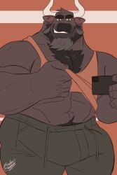 abs angus_(adios) anthro athletic_wear bara beard biceps big_bulge big_muscles big_pecs black_beard black_body black_chest_hair black_eyebrows black_facial_hair black_fur black_nose black_pubes body_hair bottomwear bovid bovine brown_body brown_fur bulge cattle chest_hair clothed clothing clothing_lift detailed_bulge drawstring drawstring_bottomwear drawstring_pants erection erection_under_bottomwear erection_under_clothing erection_under_pants exercise_clothing exposed_chest eyebrows facial_hair flirting flirting_look flirting_with_viewer fur genital_outline green_bottomwear green_clothing green_eyes green_pants grin grinning_at_viewer gym_bottomwear happy hi_res horn looking_at_viewer male mammal manly mature_anthro mature_male muscles muscular muscular_anthro muscular_male orange_clothing orange_shirt orange_tank_top orange_topwear pants pecs penis penis_outline presenting presenting_bulge presenting_pecs pubes salt_and_pepper seducing_viewer seductive shadowmatamori shirt shirt_lift showing_off_muscles smile smiling_at_viewer solo tank_top thick_arms thick_eyebrows thick_thighs topwear workout_clothing yaoi