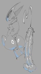 ambiguous_gender between_ass between_buttocks big_ass big_penis cloak clothed cum ejaculate ejaculating ejaculating_cum ejaculation foreskin futanari glistening_butt hollow_knight hornet_(hollow_knight) huge_cock hyper_penis looking_at_viewer looking_back looking_back_at_viewer monochrome penis precum sitting sketch solo toonguy100 uncircumcised veiny_penis