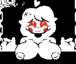 big_breasts black_and_white breasts breasts_out chara chara_(undertale) monochrome nipples pixel_art red_cheeks red_eyes red_face seductive_look showing_breasts showing_off smile smiling undertale undertale_(series)