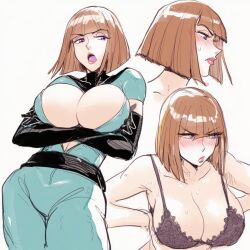 1girls 2025 2d 2d_(artwork) ai_generated big_breasts blush bra breasts brown_hair cleavage danny_phantom female female_only grumpy huge_breasts human human_only lapis_slopzuli maddie_fenton madeline_fenton mature_female milf multiple_images nickelodeon orange_hair purple_eyes short_hair simple_background solo solo_female unzipped_bodysuit uravity98114 white_background