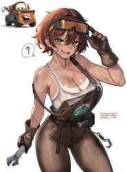 big_breasts breasts cars_(film) defined_tanline denim female humanized mater smile smiling smiling_at_viewer sweat sweating tan_body tan_skin tanline teeth_gap