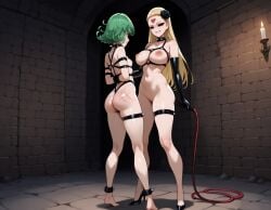 2girls ai_generated angry arms_behind_back big_breasts blonde_hair blush bondage bondage_outfit breasts chains dominant female female_only femdom green_hair kaijin_hime_do-s multiple_girls one-punch_man red_eyes restrained sweat tatsumaki torture whip whip_marks yuri