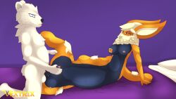alyen anthro arc_vap arcanine bear bed breast_squeeze breasts breeding_kink crotch_breasts duo eeveelution female furniture generation_1_pokemon genitals hi_res male mammal nintendo penis pokemon pokemon_(species) polar_bear sex split_form squeezing taur ursine vaporeon vextrix