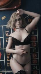 1girls 3d 3d_(artwork) 3d_model areola_slip areolae_slip biohazard black_bra black_lingerie black_panties black_thighhighs blonde_female blonde_hair bra_pull breasts capcom casino choker coin coins female female_only female_torso glasses grace_ashcroft grace_ashcroft_(julia_pratt) lace lace-trimmed_bra lace-trimmed_panties lace-trimmed_thighhighs lace_trim laying_on_table light-skinned_female lingerie lingerie_bra lingerie_panties lying_on_table madruga3d madrugasfm medium_breasts navel rash_nemain resident_evil resident_evil_9:_requiem sexy sexy_body sexy_female sexy_pose short_hair slim_female small_breasts table tagme thighhighs thighs thin_female thin_waist tummy wavy_hair