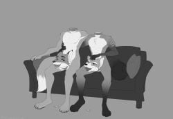 2025 anthro bodily_fluids canid canine countershading detachable detachable_head disney dullahan duo european_mythology eye_contact fellatio fox fox_mccloud fur furniture genitals greyscale headless hi_res irish_mythology looking_at_another male male/male mammal misscinnabunnie modular monochrome mythology nick_wilde nintendo nude on_sofa oral penile penis pillow reverse_blowjob saliva saliva_on_floor severed_head sex simple_background sitting sitting_on_sofa sofa star_fox tongue tongue_out white_body white_countershading white_fur zootopia