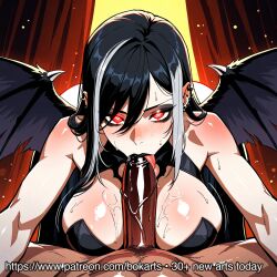 1girl ahegao ai_generated bat_wings black_hair blush bokarts breasts brown_dildo cum dark-skinned_male dripping drooling duo elf_ears explicit female large_breasts long_hair male nipples nsfw patreon penis pointed_ears pov red_eyes saliva solo_focus sweat thick_thighs tongue_out wet_skin white_fluid white_hair