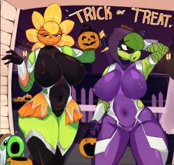 2025 2d 2girls anthro areola belly belly_button big_areola big_breasts big_nipples big_thighs bodysuit breasts chicharito clothed clothing cosplay costume detailed_background dialogue english_text female female_only gigantic_ass gigantic_breasts gigantic_thighs green_body green_shadow_(pvz) green_skin halloween halloween_costume huge_areola huge_breasts huge_nipples huge_thighs humanoid hyper hyper_ass hyper_breasts hyper_thighs igawa_asagi_(cosplay) igawa_sakura_(cosplay) large_breasts mckeyes multiple_females multiple_girls nipples nipples_visible_through_clothing panties peashooter_(pvz) plant plant_girl plants_vs_zombies pussy pussy_visible_through_clothes solar_flare_(pvz) sunflower sunflower_(pvz) taimanin_(series) taimanin_asagi text thick_thighs thighs tight_clothes tight_clothing tight_fit trick_or_treat tummy yellow_hair