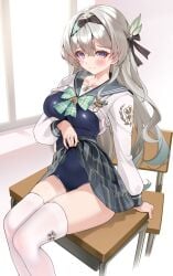 1girls firefly_(honkai:_star_rail) firefly_(spring_missive)_(honkai:_star_rail) honkai:_star_rail hoyoverse matriks matrix16 mihoyo multicolored_eyes multicolored_hair school_uniform skirt_lift swimwear thighhighs