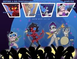 breasts charlie_morningstar_(hazbin_hotel) crossover demon demon_girl demon_horns dildo dildo_in_pussy emberlynn_pinkle emberlynn_pinkle_(human_form) female ghost hazbin_hotel helluva_boss inverted_nipples lingerie millie_(helluva_boss) mind_control murder_drones possessed possession pussy robot robot_girl stage stage_show tcross text uzi_(murder_drones) weird_crossover wet what