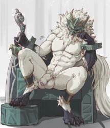 2024 abs absurd_res anthro armor balls big_balls big_penis claws digitigrade flaccid foreskin fur genitals glans headgear helmet hi_res honkai:_star_rail hoolay_(honkai:_star_rail) humanoid_genitalia humanoid_penis male melee_weapon mihoyo muscular muscular_male nude okari_01 pecs penis pubes sitting solo sword weapon