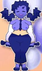 blue_eyes blue_fingers blue_heels blue_nipples blue_pants blue_ponytail blue_skin blue_tie boobs_out breasts breasts_out breasts_out_of_clothes conni_(neutron_nexus) female female_only onehittracter open_mouth pink_mouth showing_boobs showing_boobs_to_viewer showing_breasts showing_off showing_tits tits_out white_arm_warmers white_armwear woman_only yellow_collar yellow_shirt